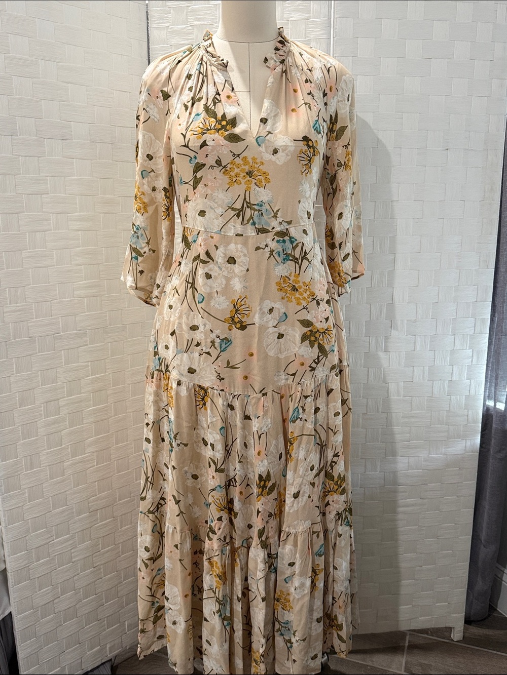 Spartina 449 Cream Floral Tiered Maxi Dress with Yellow & Blue Accents